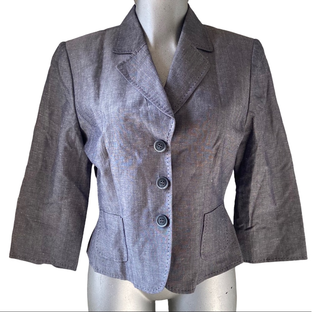 Tahari Linen Gray Blazer Jacket Office/Career Business Pockets Quiet Luxury Lrg
